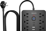 带过载保护的电源插座，8 个插座（1250W/10A），6 个 USB 充电端口（2 个 USB-C），6 英尺扁平插头延长线，通过 ETL 认证，适用于办公室、宿舍等场所。