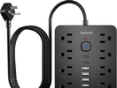 带过载保护的电源插座，8 个插座（1250W/10A），6 个 USB 充电端口（2 个 USB-C），6 英尺扁平插头延长线，通过 ETL 认证，适用于办公室、宿舍等场所。